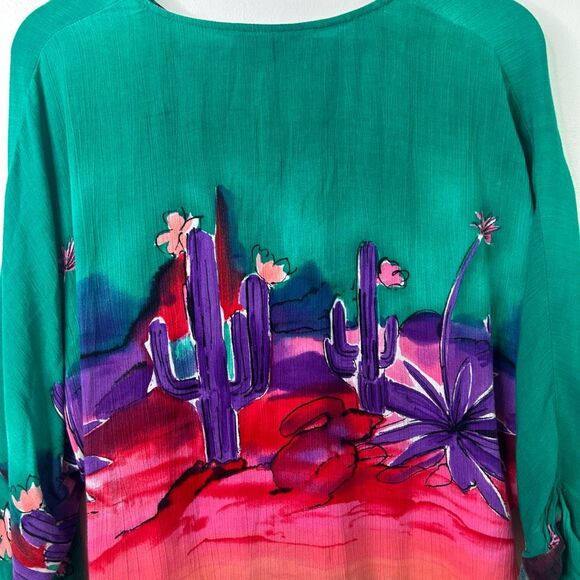 Carole Little Boho Southwestern Cactus Print Top Size L V-Neck‎ Oversized Artsy - Picture 9 of 12